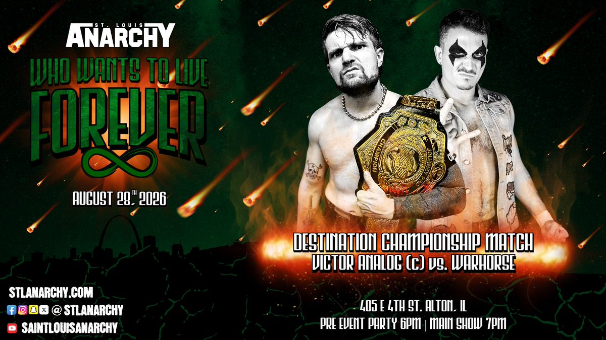 stlanarchy's tweet photo. Tickets are on sale *now* for Who Wants to Live Forever at https://t.co/YvBvVsq43s #SLAForever

Warhorse returned at Circus Maximus to both congratulate Victor Analog on the biggest win of his career and to challenge him for the belt he never lost. They'll hook it up on Aug. 28. https://t.co/BrQcdXVxSx