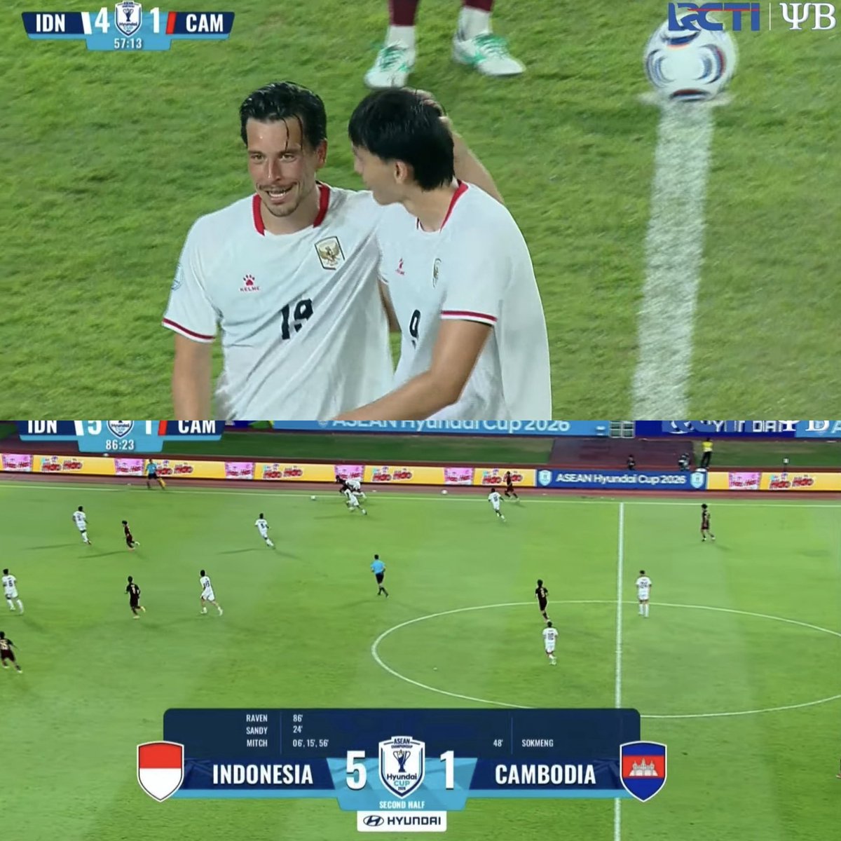 idextratime's tweet photo. ASEAN Hyundai Cup 
FT : Indonesia 5-1 Kamboja

⚽ Mitchell Baker 6' 15' 56'
⚽ Sandy Walsh 24'
⚽ Jens Raven 86'
-
⚽ Sokmeng 48'

Bukan hasil yang mengejutkan 😮‍💨 https://t.co/R5XOEm6JuE