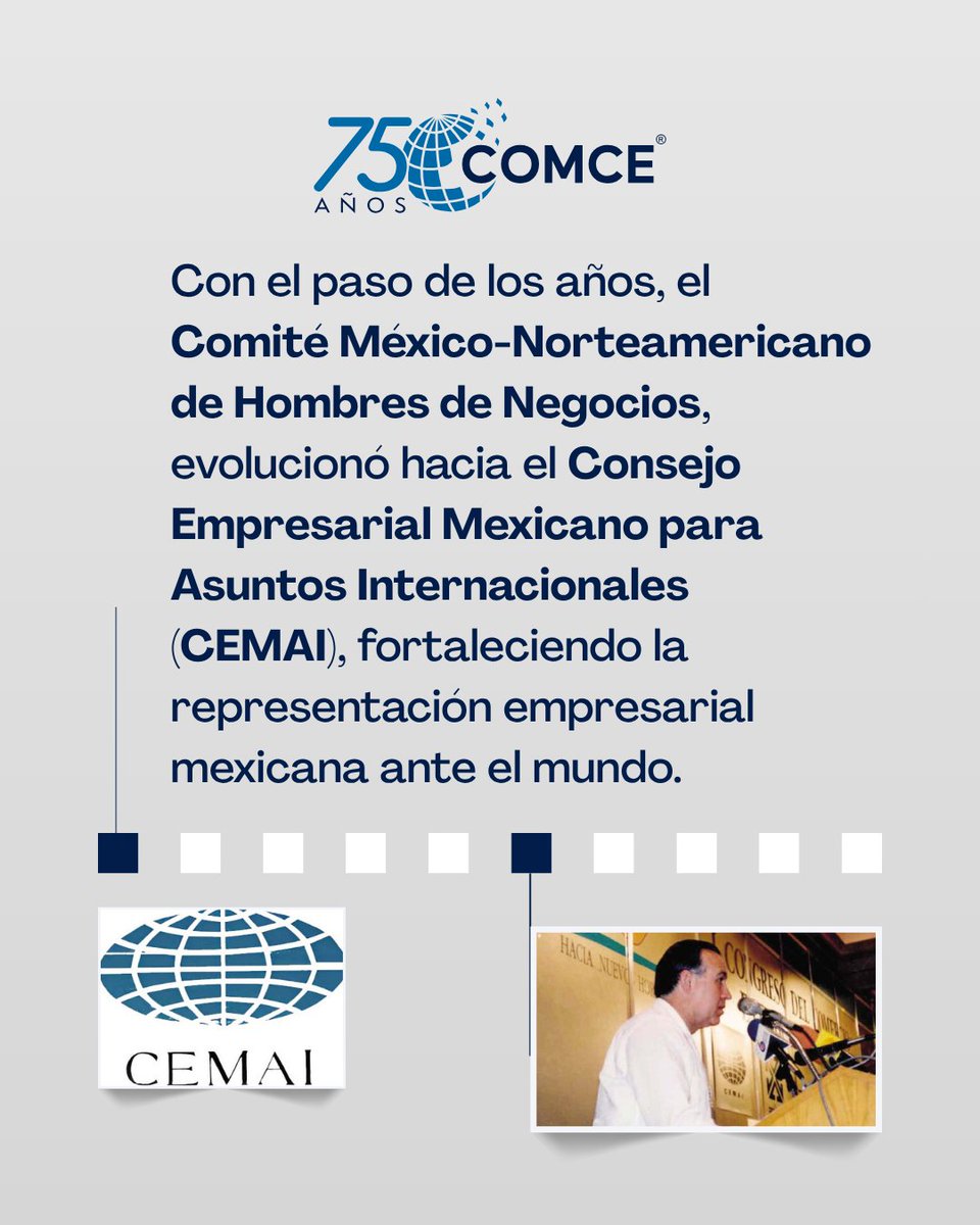 ComceOficial's tweet photo. 📈 Lo que comenzó como un comité bilateral fue creciendo hasta convertirse en uno de los organismos empresariales más importantes de México. Con el paso de los años evolucionó hacia el Consejo Empresarial Mexicano para Asuntos Internacionales (CEMAI).

#COMCE75Años https://t.co/JAsedCiHjL
