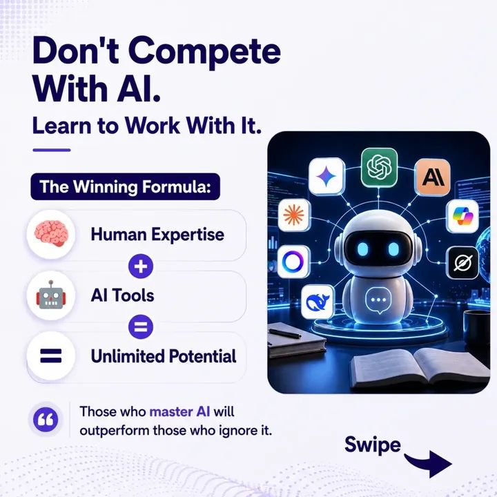 Aifinderafrica's tweet photo. AI won't replace those who learn.

It will replace those who refuse to adapt.

Becoming AI-proof isn't about competing with AI—it's about learning to work with it.

#AIFinderAfrica #AI #LearnAI #AITools https://t.co/FLZXn9fuAP