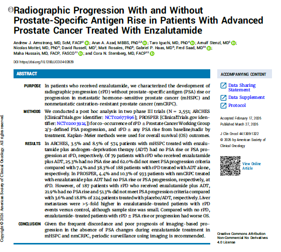 Adam_Weiner535's tweet photo. 🚨 PSA can be flat while #prostatecancer grows 🚨

@JCO_ASCO

👥 >2,500 pts, advanced PCa
📊 pooled ARCHES + PROSPER, enzalutamide
📊 radiographic progression vs PSA change
✅ ~1 in 4 had progression on imaging w/ stable or undetectable PSA
✅ those pts had worse survival
⚠️ post-hoc, ARSI-treated pts only

🎯 on potent AR inhibitors, PSA is necessary but not sufficient. scan f/u matters, esp the first 2 yrs.

@PCFnews @PCF_Science @AarmstrongDuke