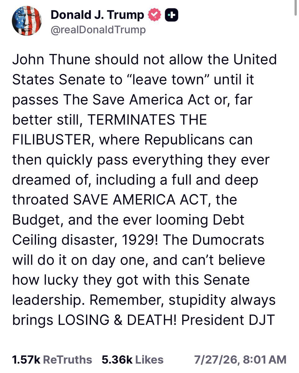 Davidle_sterStr's tweet photo. President Trump just CALLED OUT Senate Majority Leader John Thune!

“John Thune should not allow the United States Senate to ‘leave town’ until it passes the Save America Act…” https://t.co/UWPFjcRdw3
