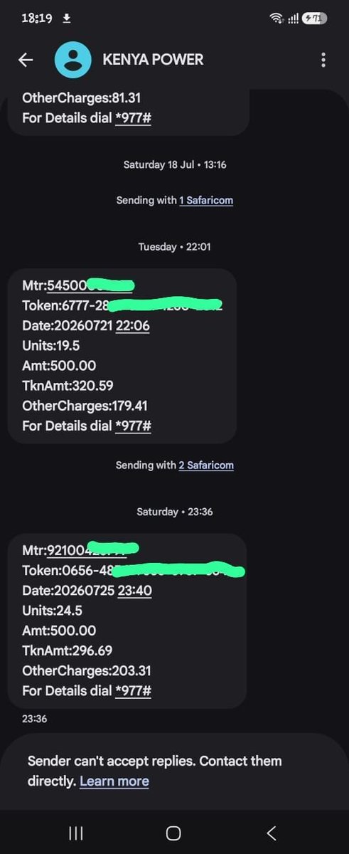 Fk_Chirchir's tweet photo. @KenyaPower @KenyaPower_Care @ericomondi_ Now how can I explain this to my Kids in future, stima ya NYANZA ni expensive na ya Nairobi ni cheap!? @KenyaPower_Care can someone explain this to me. Different Meters same amunt different Token s https://t.co/HlJxyMhjyd