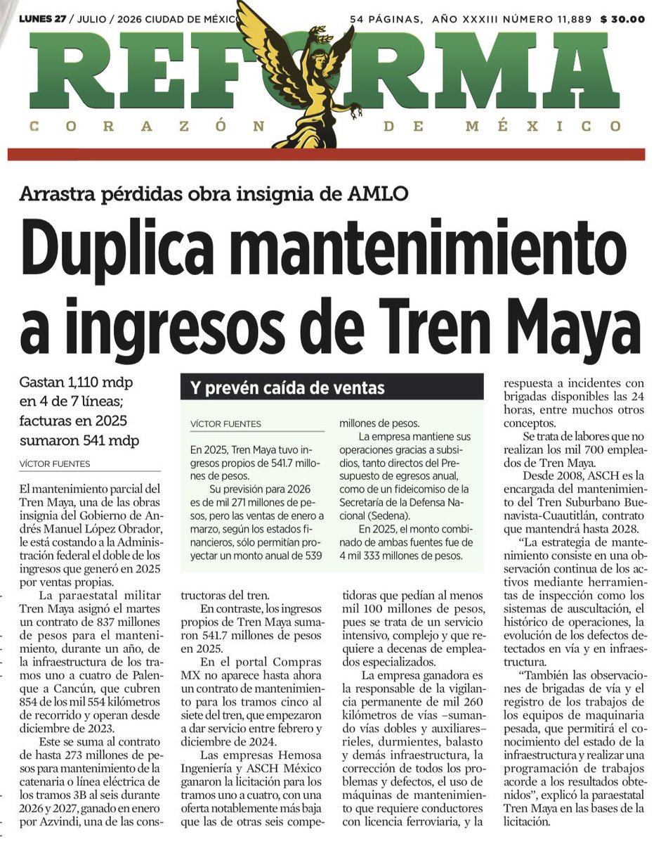 AlexItesm's tweet photo. Las ocurrencias de López Obrador (o el negocio de sus hijos en la construcción) nos cuestan a todos los mexicanos

El mantenimiento parcial del Tren Maya, le está costando a la Administración federal el doble de los ingresos que generó en 2025 por ventas propias

Gastan MIL 110 millones en 4 líneas, facturaron en 2025 solo 541 millones