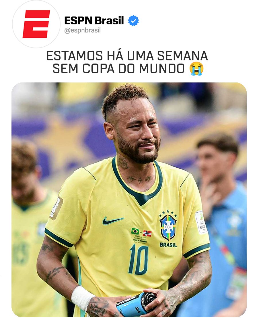 ESPNBrasil's tweet photo. É AMIGOS, ACABOU MESMO 😢
Já se passou uma semana inteira sem a Copa do Mundo, sem resenha, sem secar outras seleções ou torcer loucamente por uma zebra... O FIM É TRISTE, fã de esporte!
📷: @espnfc
#ESPN2026 #FIFAWorldCup #FutebolNaESPN #CopaDoMundo2026 https://t.co/xCj5Pi7WWs