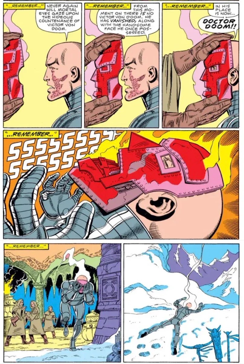 GarladorJones's tweet photo. Doctor Doom is my favorite comic villain. 

Yet the origin of Doctor Doom getting his metal mask is quite possibly one of the funniest pages of all time. https://t.co/xEHBw8u7yU
