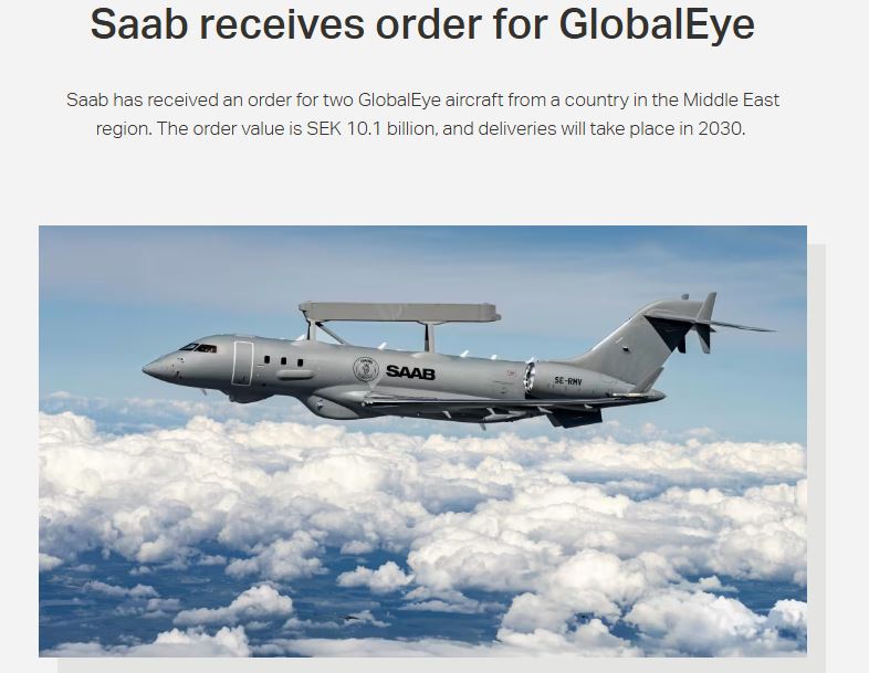 defensearab's tweet photo. • فازت شركة ساب السويدية 🇸🇪 بعقد قيمته حوالي مليار دولار أمريكي لتوريد طائرتين من طراز GlobalEye للإنذار ا��مبكر والتحكم الجوي (AEW&amp;C) إلى عميل لم يُكشف عن هويته في الشرق الأوسط،ومن المقرر تسليم الطائرات في عام 2030. https://t.co/N3f3OaVlYJ