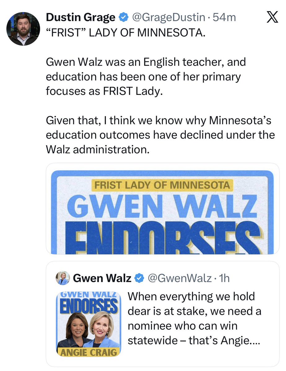GrageDustin's tweet photo. UPDATE: Gwen Walz has deleted her original “FRIST” LADY OF MINNESOTA post endorsing Angie Craig.

She’s learing. https://t.co/MlrgVf1FcO
