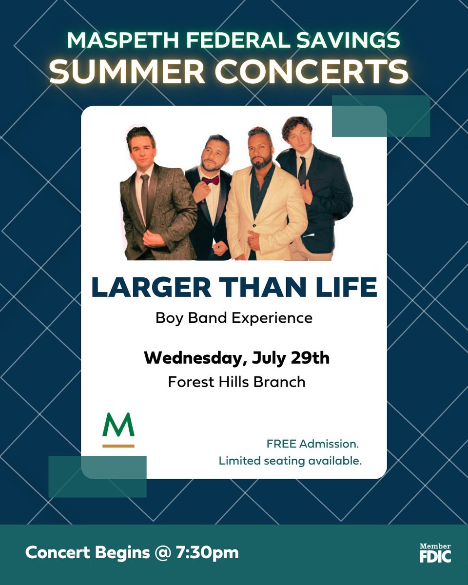 MaspethFederal's tweet photo. Everybody, yeah! 🎵

Join us July 29 at 7:30 PM at the Forest Hills Branch for LARGER THAN LIFE – The Boy Band Experience! Enjoy an evening of throwback hits and feel-good memories. 🎤

Explore our upcoming events: https://t.co/2zhY4xCnPy

#SummerConcertSeries #LiveMusic #MFS https://t.co/1O57kUb58S