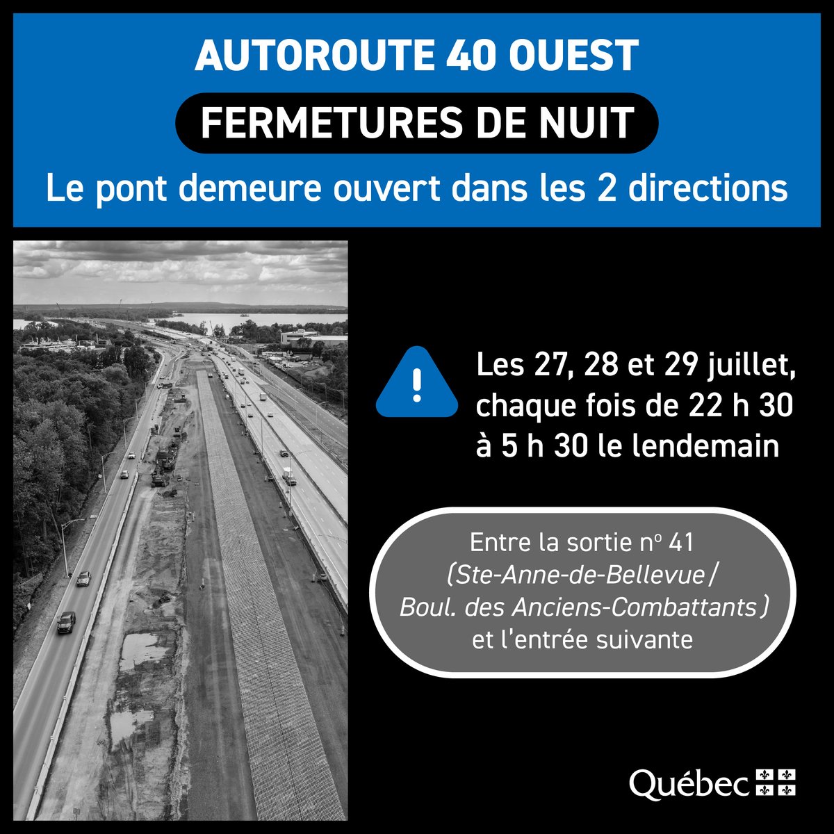 Projets_PIAT's tweet photo. FERMETURES DE NUIT DE L’A-40 OUEST À SENNEVILLE – SEMAINE DU 27 JUILLET

❌Fermeture complète de l’A-40 en direction ouest, entre la sortie no 41 et l’entrée suivante
🕐Du lundi au jeudi, de 22h30 à 5h30 le lendemain

La circulation sera déviée vers la voie de desserte. https://t.co/d6GBlIzGG5