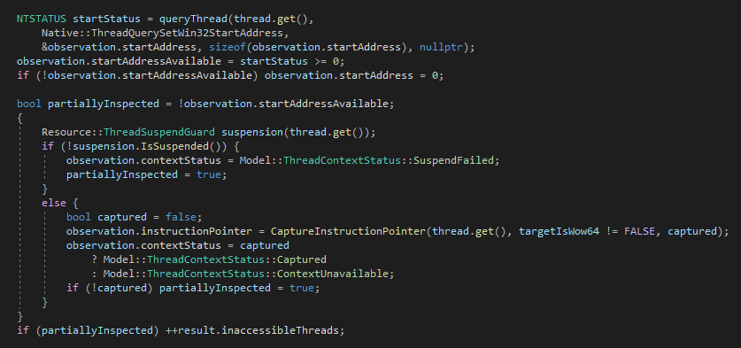 frantz_willian's tweet photo. Recently I’ve been updating my tooling from C++14 to C++20 and found a great QOL improvement for thread management.

Instead of manually juggling OpenThread/CloseHandle/ResumeThread every single time, I’m now offloading it to highly specialized RAII wrappers. 

It keeps the core logic hyper-focused on scanning, while the scoped guards safely guarantee cleanup and prevent thread deadlocks behind the scenes.  #cpp #reverseengineering #malwareanalysis