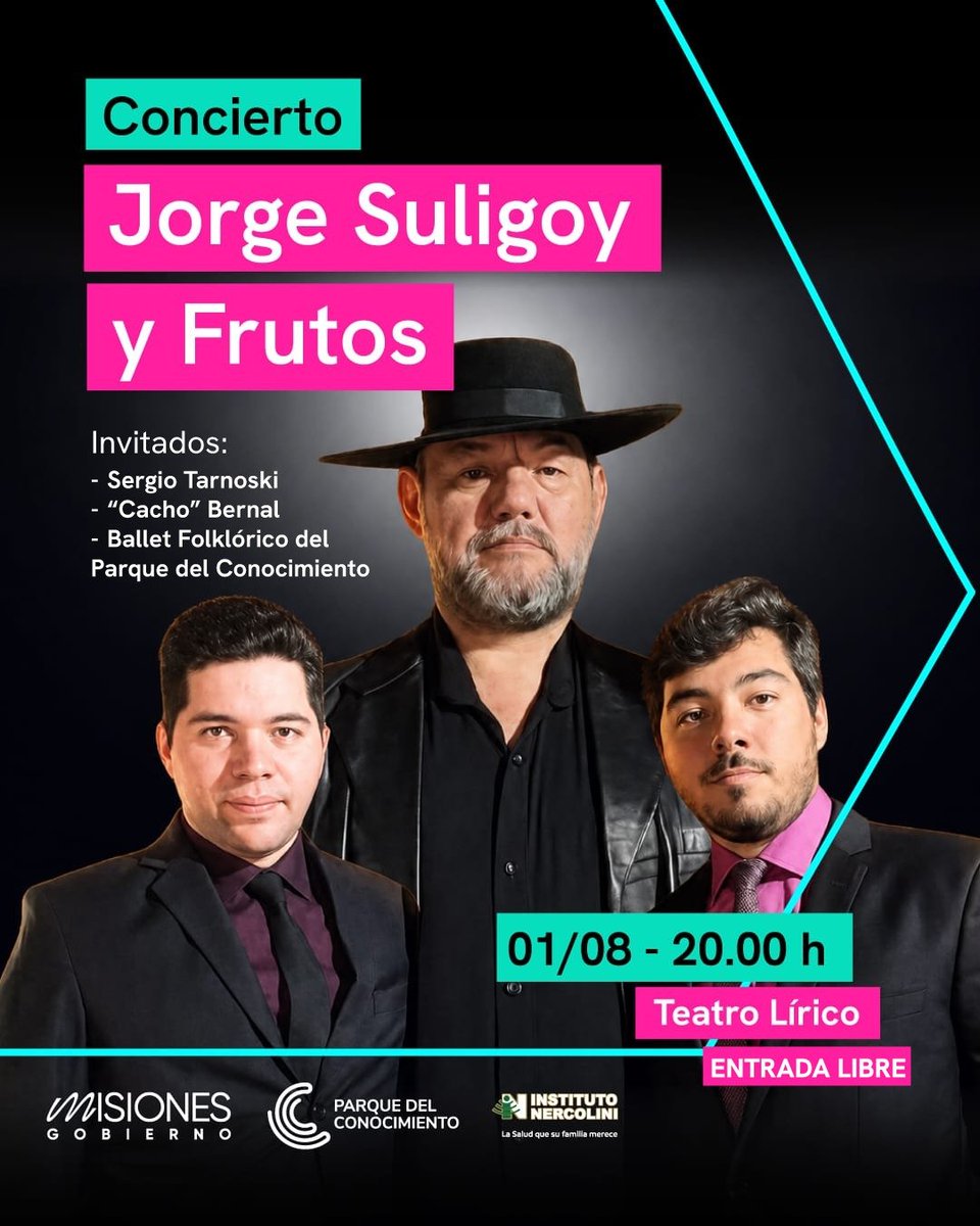 PCMisiones's tweet photo. Jorge Suligoy y Frutos traen la música del Litoral al Teatro Lírico 🎶 El cantor y compositor se presentará junto a sus hijos Iñaki e Imanol el sábado 1 de agosto, a las 20 hs. El concierto contará con la participación de Sergio Tarnoski, Cacho Bernal y el Ballet Folklórico. https://t.co/j38FM7jWuC