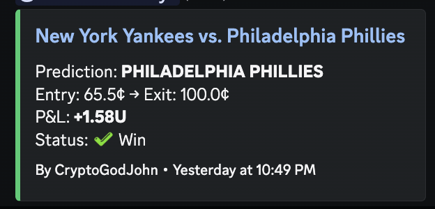 WealthGroup's tweet photo. Dominant from the opening pitch.

@CryptoGodJohn backed the Phillies ML at $0.655, and Philadelphia responded with an 11-4 win over the Yankees.

Good decisions made consistently produce long-term results. That's exactly what we strive to help members build inside @WealthGroup. https://t.co/a4gqQv3Ovu