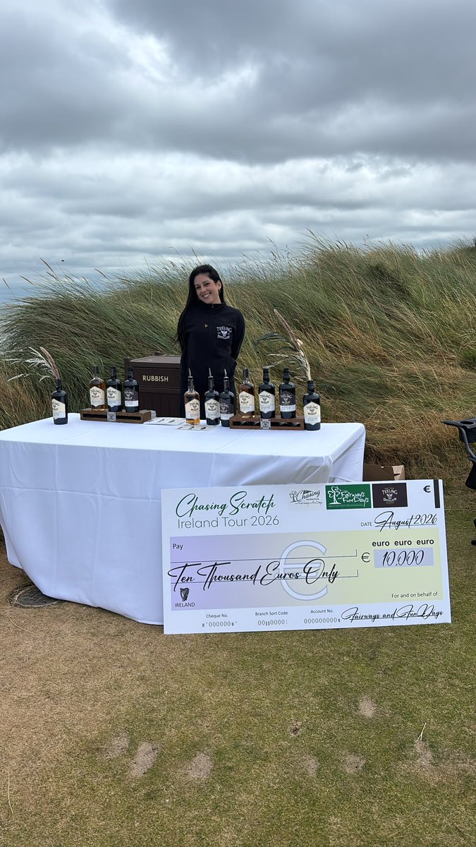 FairwaysFundays's tweet photo. The @chasingscratch0 Tour is officially underway⛳ 

Day One at Portmarnock Golf Club saw golfers enjoy a Titleist wedge fitting, a Teeling's Whiskey
on the iconic 15th tee, and the chance to win €10,000 with a hole-in-one.  

What a way to kick off a record-breaking tour🍀 https://t.co/iObwjMzlo6