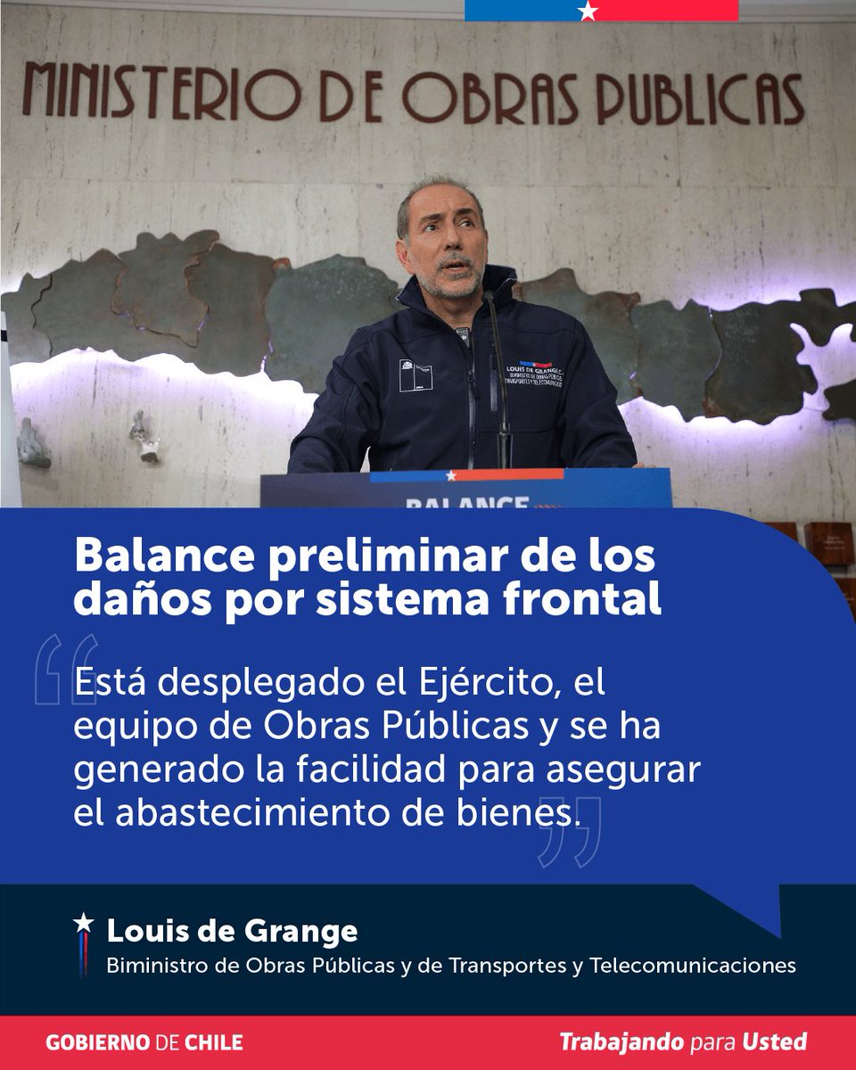 mop_chile's tweet photo. Balance preliminar de los daños por el sistema frontal.

El biministro de Grange, entregó resumen respecto a la catástrofe climática en la regiones de Coquimbo y Atacama. 

#JuntosChileSeCuida https://t.co/hCPZAmSjIM