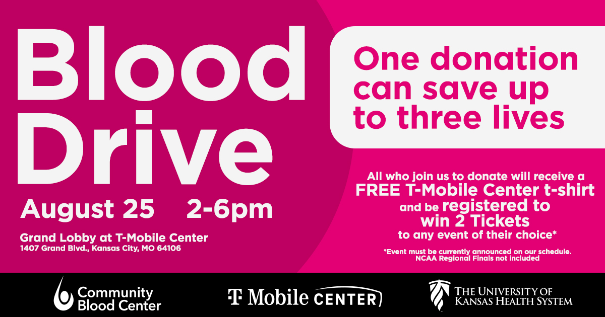 tmobilecenter's tweet photo. Our community's blood supply is dangerously low &amp; every donation can make a critical difference. Join us for a Community Blood Drive in partnership with @KUHospital and @CommBloodCtrKC 

❤️ Schedule your appointment today: https://t.co/7Ghu2wy0So https://t.co/eJFRpA48sz