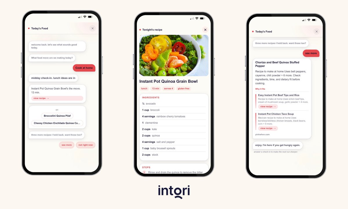 intoriHQ's tweet photo. Monday. It's noon and you still haven't thought about lunch.

intori already did. One pick, 13 minutes, a real recipe. Not forty tabs and a granola bar at your desk.

Lunch, decided. https://t.co/Lh9xwMPM5g