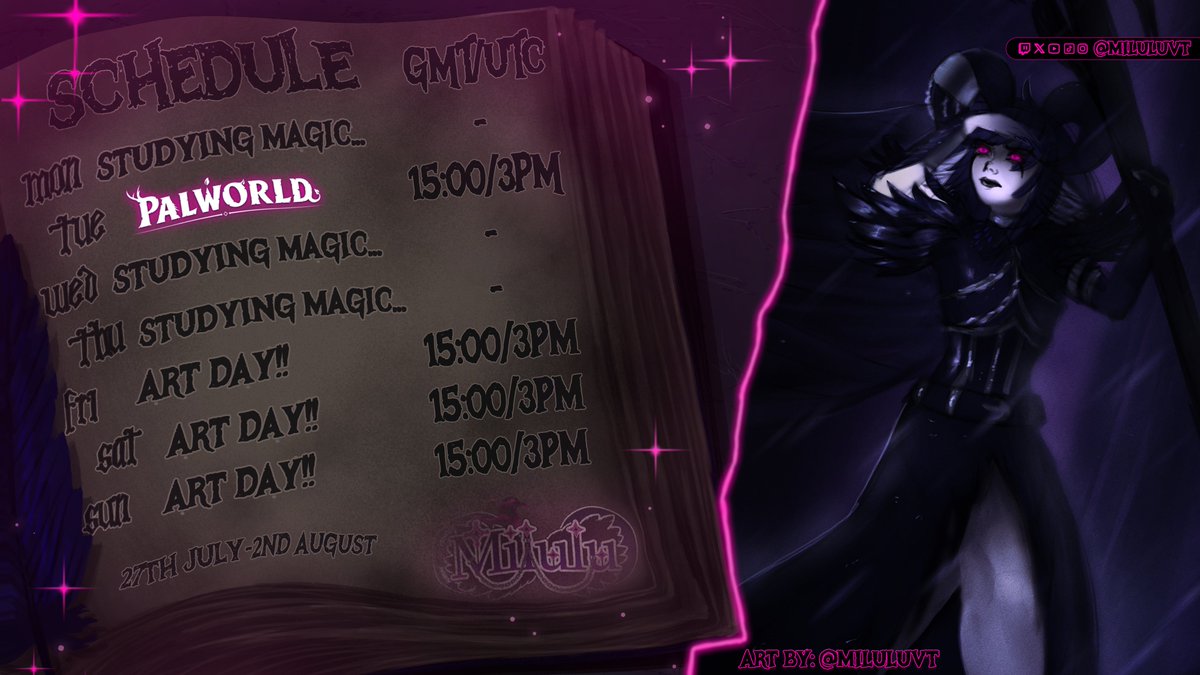 MiluluVT's tweet photo. This week's schedule~!!! 🐦‍⬛🐦‍⬛

I will be playing Palworld again, but I will also be working on my art!! wooooo 🩷 https://t.co/af6Wwj7TOu