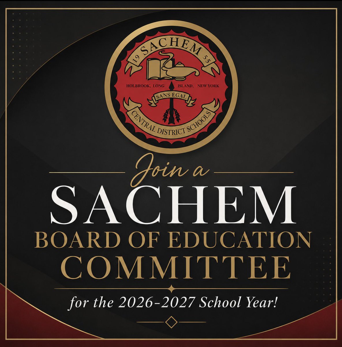 SachemSchools's tweet photo. Join a Sachem Board of Education Committee for the 2026-2027 School Year!

To be considered, please complete the online application here: https://t.co/N4BOWOBntq

Deadline to apply is Sunday, August 16. https://t.co/IyosEgn0Bx