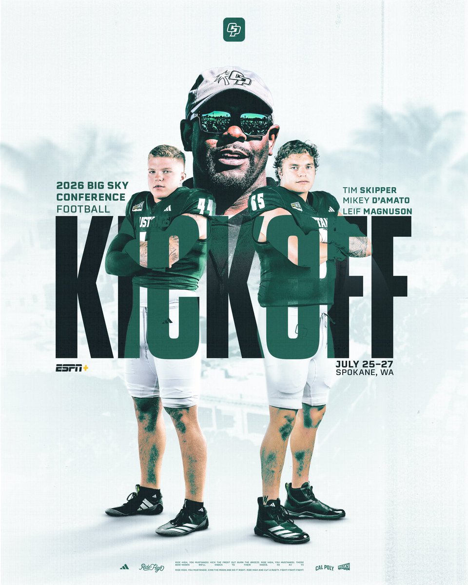 calpolyfootball's tweet photo. Tune into ESPN+ today at 10:15am to hear from Coach Skip and our two players at Big Sky media day!

#RideHigh https://t.co/hxZ8TKH96b