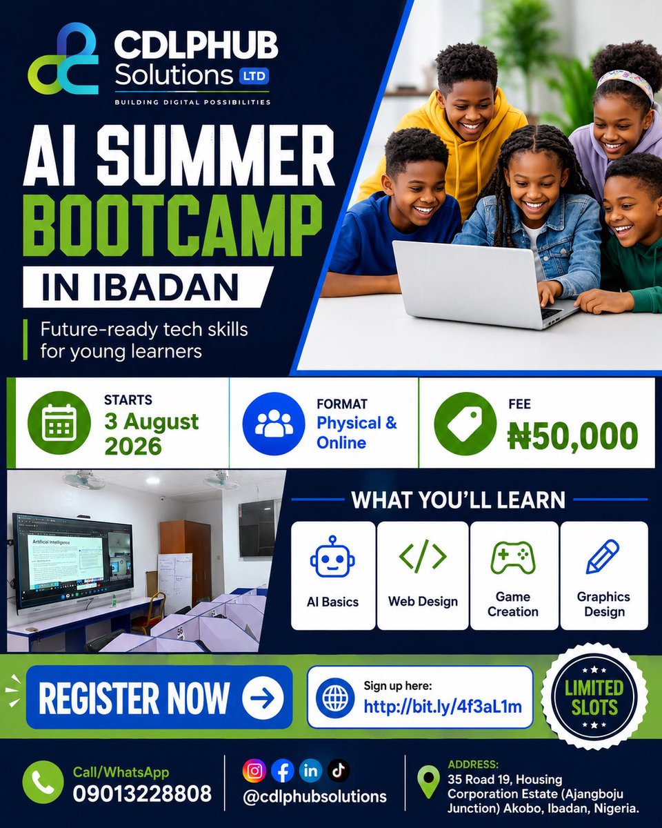 cdlphubsolution's tweet photo. Give your child a head start in tech this summer! 🚀

Join our AI Summer Bootcamp and gain practical skills in AI, Python, Web Development, Game Development &amp; more.

📅 Starts 3 Aug 2026
📞 09013228808

#AISummerBootcamp #KidsInTech https://t.co/mHvuupbkKq