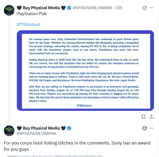 TheDiscFather's tweet photo. The clown is performing. Pretending to be a hero.
Oof.  😂🤡
We all hate to see any physical media go, but most of us saw this coming. The only action is to vote w/your wallet, sadly many already did.. digitally.

It sucks, but so does the clown's theatrics... https://t.co/ANYIm81VvP