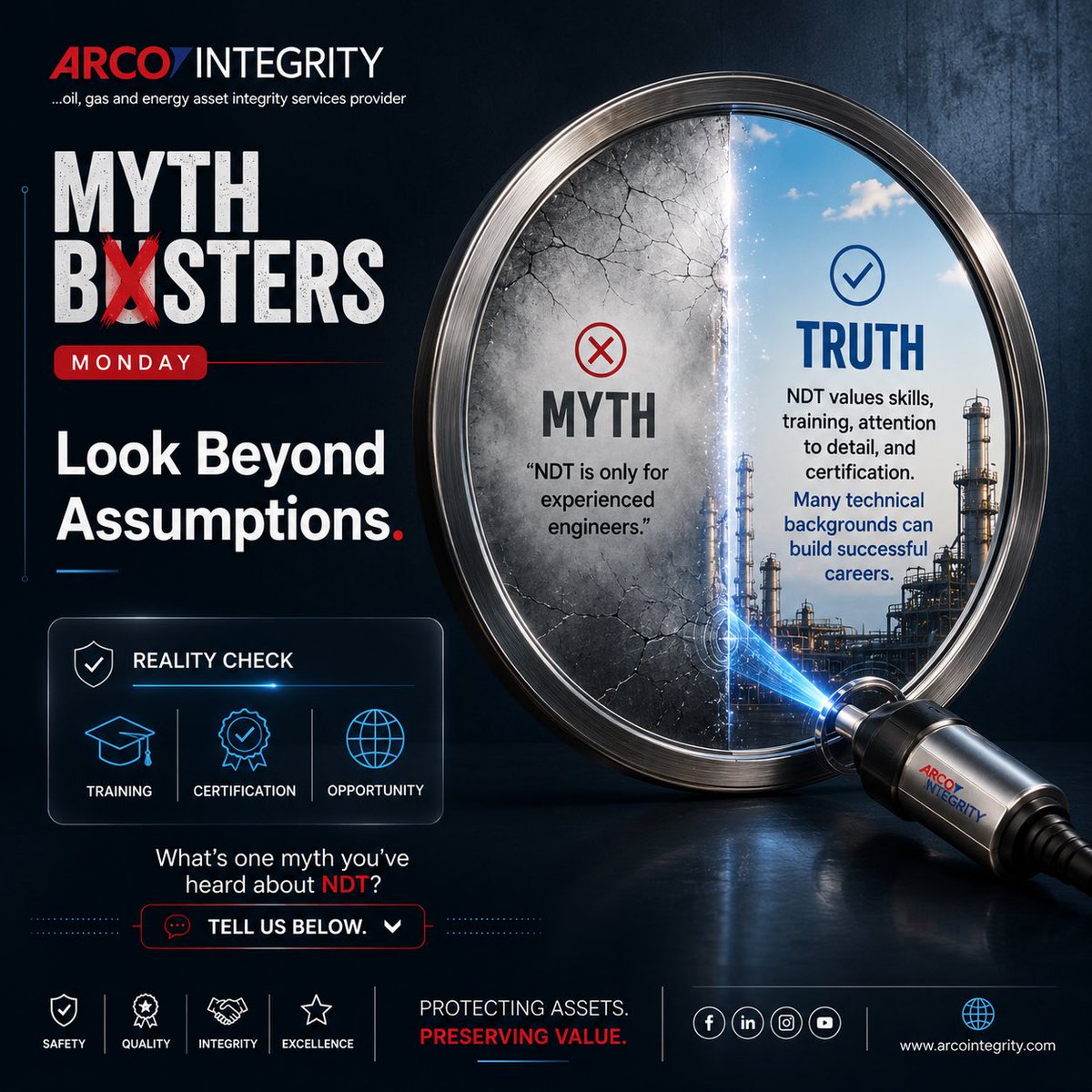 Arco_Integrity's tweet photo. NDT is a profession built on skill, precision, training, and continuous learning. Many successful professionals started with curiosity and the willingness to learn.

What’s one thing you’ve heard about NDT that you’re unsure is true? https://t.co/mPbPAidMc1