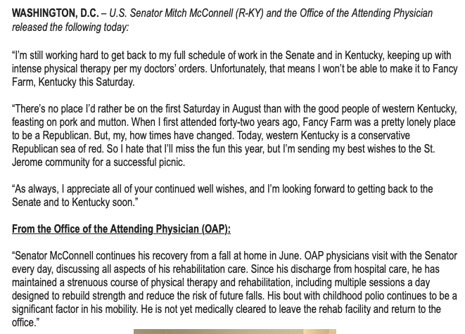 frankthorp's tweet photo. Sen MCCONNELL's office releases another picture of the Senator with a new statement. 

The Office of the Attending Physician says: "He is not yet medically cleared to leave the rehab facility and return to the office.” https://t.co/SYMtDN6Few