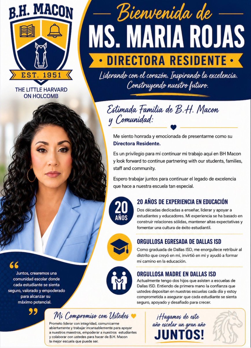 j_jhusband's tweet photo. I have had the honor to work and walk beside my Assistant Principal, Ms. Maria Rojas, for the past 3 years. I am so proud to announce that she has been promoted to Principal Resident here at Macon where her leadership journey continues! @Region1DISD @BHMaconDISD https://t.co/kgsJylYTBj