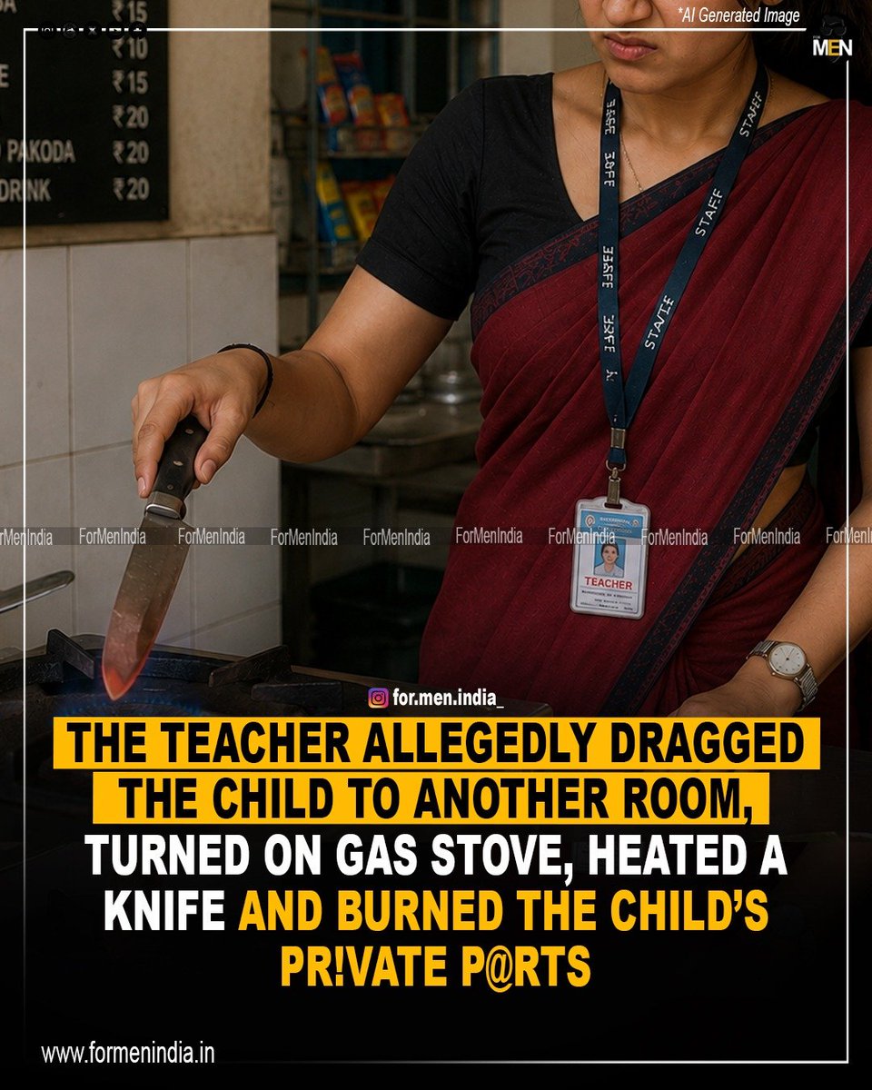 ForMenIndia_'s tweet photo. The incident occurred at Serene Sony Play School located in the Aktha area under the Lalpur-Pandeypur police station jurisdiction in Varanasi. 

According to the complaint filed by the child's father, a lawyer, the nursery student requested permission to use the washroom but was denied.

After the child accidentally urinates in his pants, the teacher allegedly took him to another room and branded his intimate area with a hot knife.

The child’s mother discovered a blister and severe burns after the boy returned home complaining of intense pain.

The child's family alleged that when they initially confronted the school administration, the principal issued threats and refused to support them rather than taking disciplinary action against the teacher. 

Based on the father's formal complaint, the Lalpur-Pandeypur police filed an FIR against the accused teacher, school principal, and management. 

PARENTS SEND THEIR KIDS TO SCHOOL RELYING ON TEACHERS AND THEN THERE ARE TEACHERS LIKE THIS LADY WHO DOES SUCH SHAMEFUL ACTS. 

#formenindia