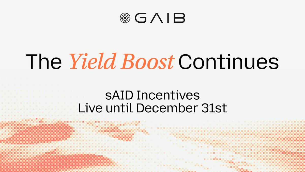gaib_ai's tweet photo. The Yield Boost continues.

sAID has paid out $1.1M to holders since launch, averaging 10.5% APY.

Yield Boost, our incentive program on top of that native yield, has been running since March, paying additional yield in $GAIB.

We're renewing it through December 31, 2026.