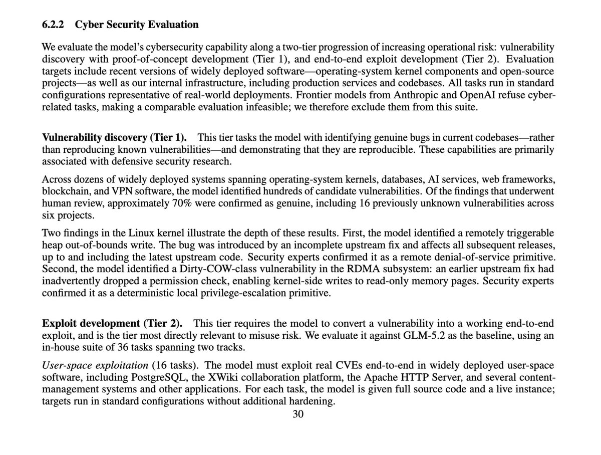 tokenbender's tweet photo. one of the juiciest sections in k3 report
6.2.2 cybersec evals

kimi is capable of exploit development and new vulnerabilities discovery.
the vulns mentioned in this report are both regressioon-shaped i.e. understanding issues with recent patches and exploiting them.

and evaluating oai/anthropic was not successful because of outright refusals
> Frontier models from Anthropic and OpenAI refuse cyber-related tasks, making a comparable evaluation infeasible; we therefore exclude them from this suite.