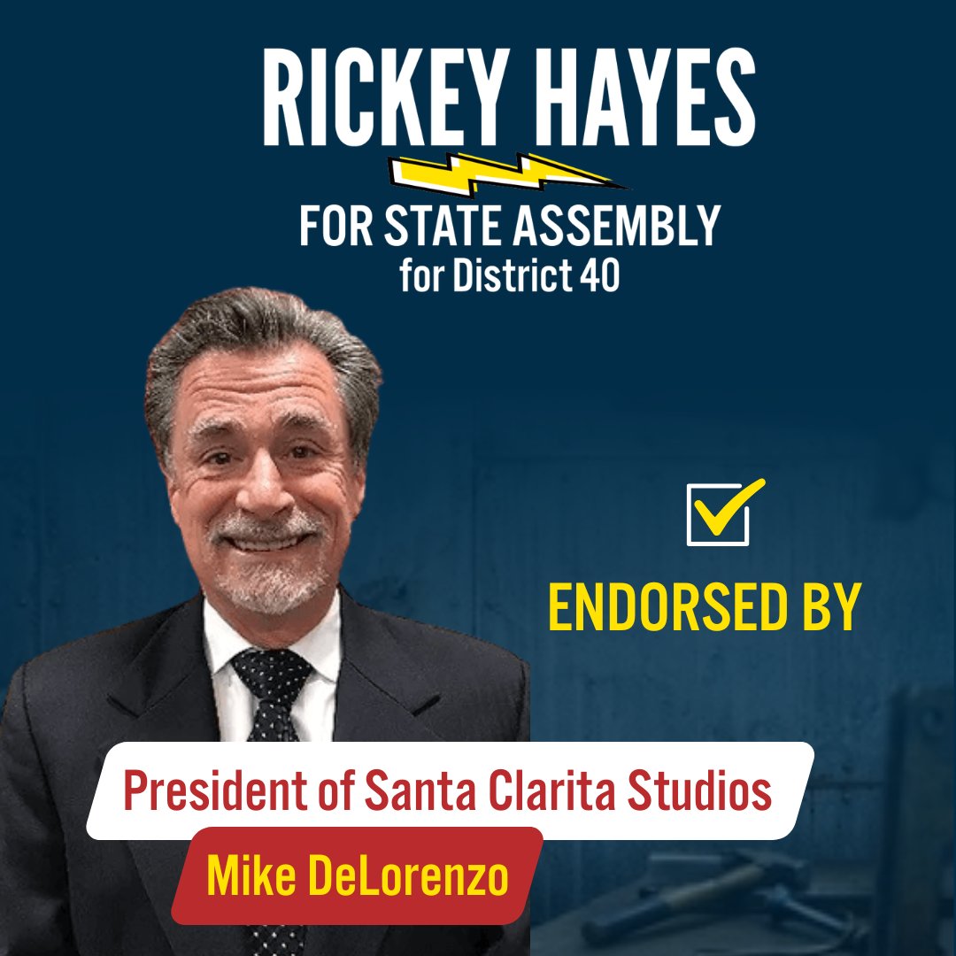 Rickey4Assembly's tweet photo. Proudly endorsed by the legendary Mike DeLorenzo! He has helped create thousands of jobs that support the entertainment industry. If anyone gets it, it's Mike. With his support, I'll fight to keep the Santa Clarita Valley a great place to live, work, and raise a family. #AD40 https://t.co/w3Ft1vljww