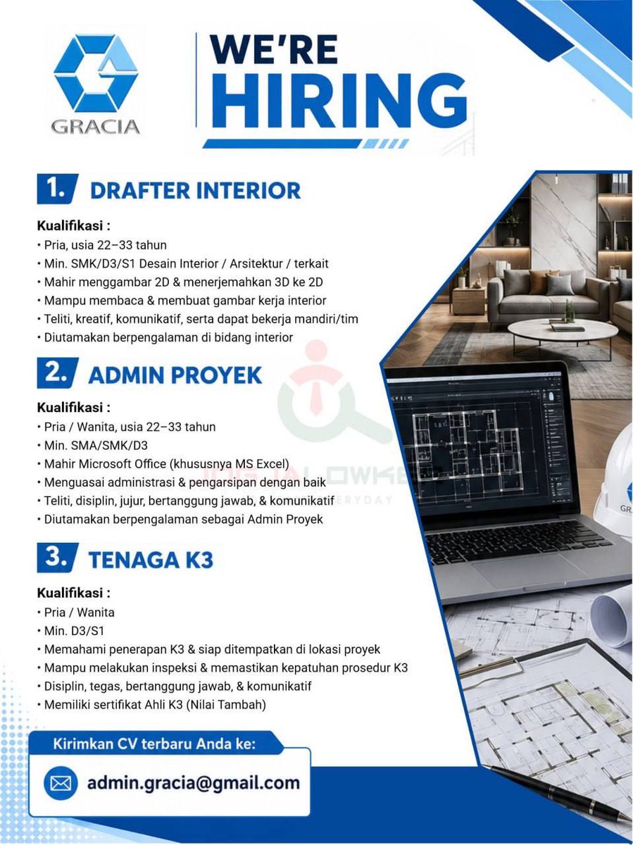 jogjalowker's tweet photo. Loker Jogja terbaru hari ini dari Gracia :

- Drafter Interior
- Admin Proyek
- Tenaga K3

Selengkapnya di : https://t.co/IAWaLPSA8Y

⚠️ Rekrutmen gratis tanpa biaya apapun. https://t.co/HOpIanbO0r