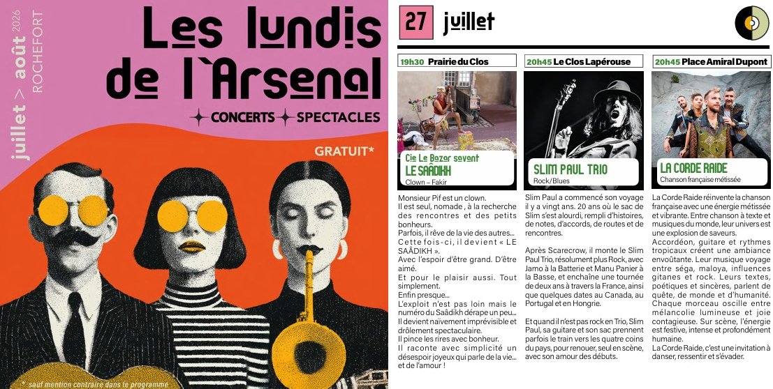 RocaFortisR's tweet photo. Rochefort
Les Lundi de l'Arsenal le programme
27 juillet 2026 https://t.co/2AHKErQosg