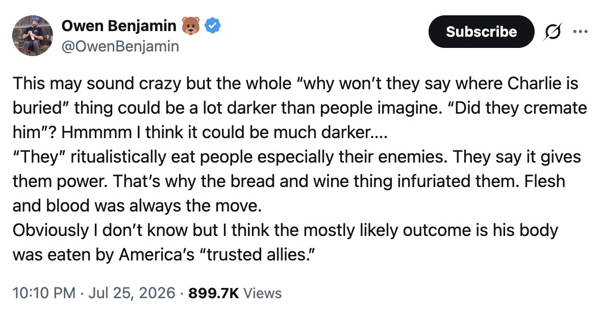 SethDillon's tweet photo. "We haven't been told where Charlie is buried. Therefore, the Jews ate his body to steal his power."

This "investigation" is going really well. Great job, idiots. https://t.co/6FZjqlDeoq