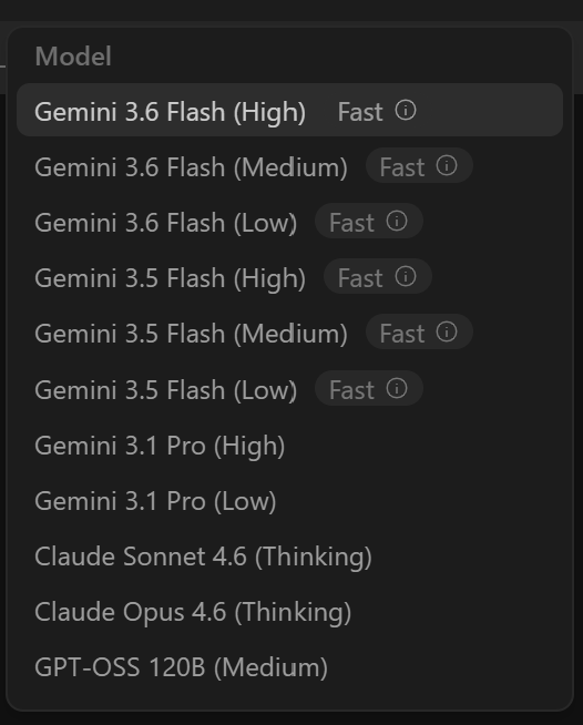 Antigravity's model picker listing only Gemini 3.6/3.5 Flash tiers, Gemini 3.1 Pro, Claude Sonnet/Opus 4.6, and GPT-OSS 120B, with no Kimi K3 option