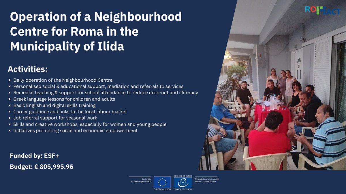 ROMACT_EC_CoE's tweet photo. 🇬🇷 Great news! With #ROMACT support, Municipality of Ilida was just granted a 3-year project for the Operation of a Neighbourhood Centre for Roma population.

✅Tangible results achieved through commitment &amp; sustained cooperation with the community. https://t.co/pWuKRbLx1r