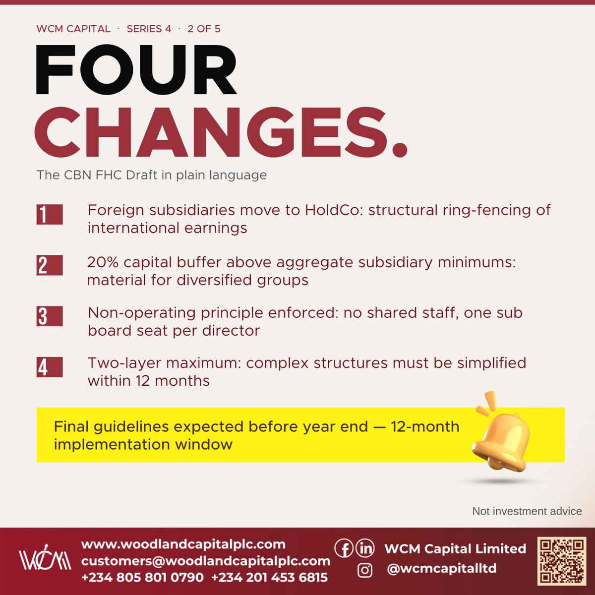 WCMPLC's tweet photo. The CBN FHC Draft — four changes in plain language:

1. Foreign subsidiaries must move from the Nigerian bank to the HoldCo. Investors will see international earnings clearly for the first time.

Continues below... https://t.co/Jhkm0ilLc6