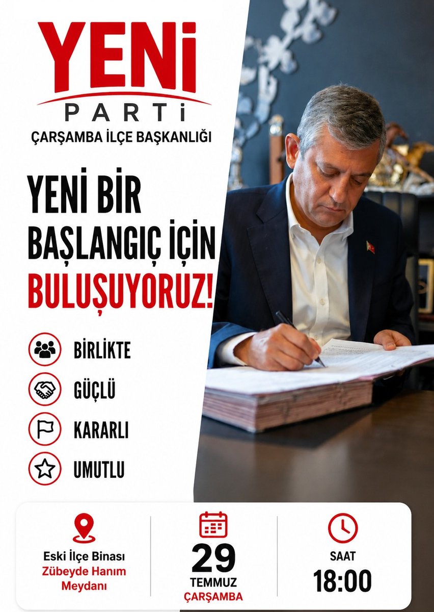 yeniparticrsmba's tweet photo. Çarşamba'da yeni bir dönemin ilk adımlarını birlikte atıyoruz.
YENİ bir başlangıç için buluşuyoruz!

Birlikte daha güçlü, daha kararlı ve daha umutlu bir gelecek için tüm hemşehrilerimizi buluşmamıza davet ediyoruz.

Gelin, Çarşamba'nın yarınlarını birlikte inşa edelim. https://t.co/psnTwIUSBt