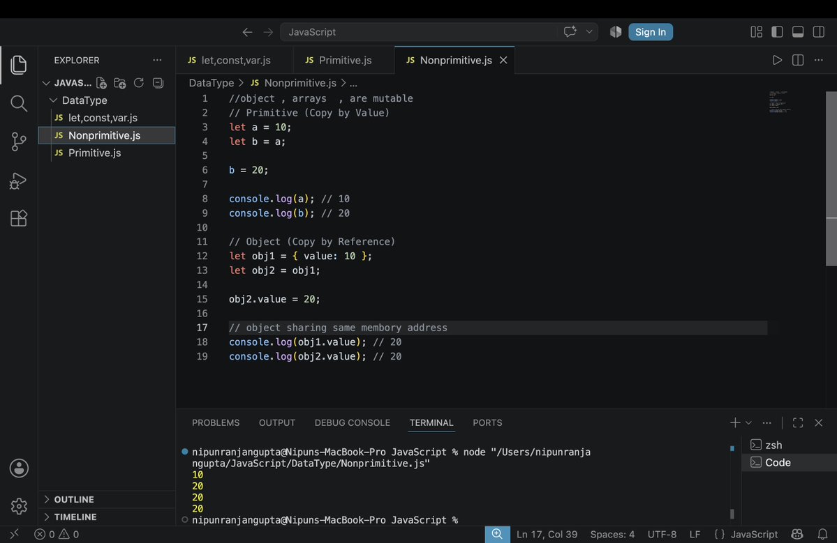 senodev_'s tweet photo. Day 1 of JavaScript 🚀
Today's learning:
• var vs let vs const
• Primitive &amp; Non-Primitive Data Types

• Objects are stored by reference, so multiple variables can point to the same object.
• Primitives are immutable changing a value creates a new one instead of modifying it. https://t.co/0LTb5U0Iwt