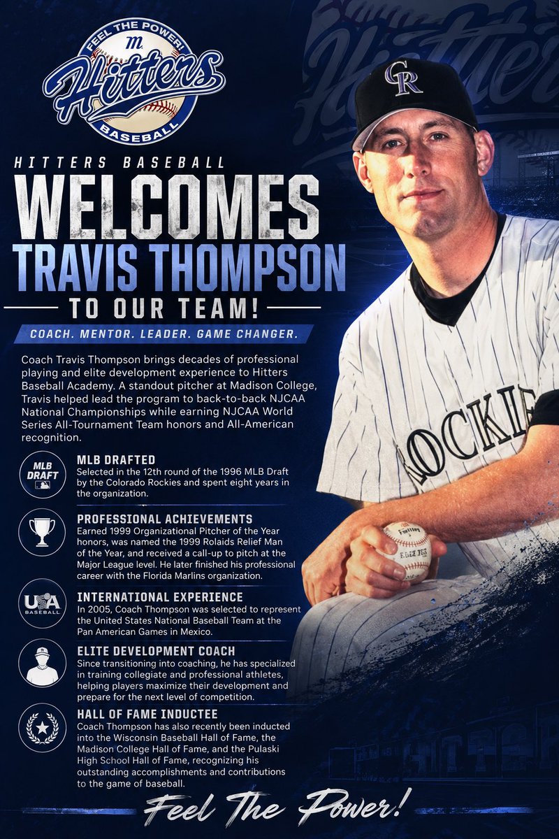 hittersbaseba11's tweet photo. We’re proud to welcome Travis Thompson to the Hitters Baseball family!

MLB Draft pick • Team USA • Hall of Fame inductee • Elite development coach.

A proven leader with decades of playing and coaching experience who is passionate about helping athletes reach the next level. https://t.co/h3VzQl3Byt