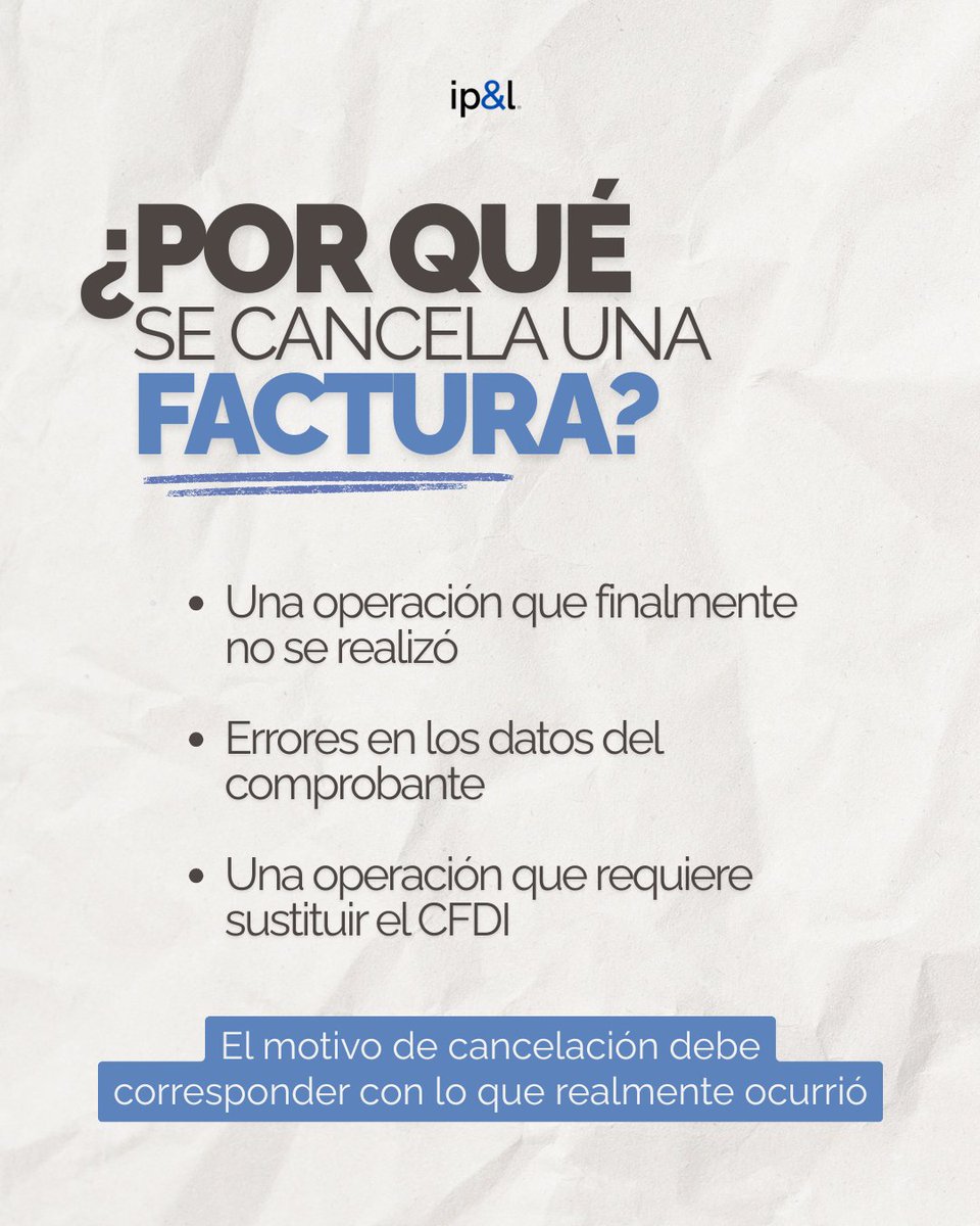 ipandl_mx's tweet photo. 🧾 Cancelar un CFDI incorrectamente puede generar inconsistencias fiscales para tu empresa

Antes de hacerlo, revisa el motivo, si requiere sustitución o aceptación y conserva el respaldo de la operación 🔍 https://t.co/gHOzqRjbjo