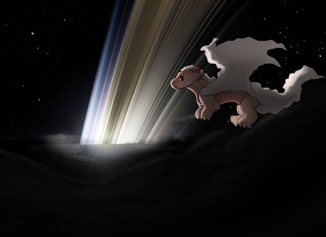 XyeH2O's tweet photo. Helium dragon flying under Saturn's ring https://t.co/Q9VkdMTen8