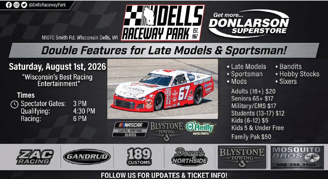 dellsracewaypa1's tweet photo. 🏁 Don Larson Night at Dells Raceway Park! 🏁

Get ready for an action-packed night of "Wisconsin's Best Racing Entertainment" on Saturday, August 1st, 2026! Sponsored by Don Larson Superstore, this massive night features Double Features for Late Models &amp; Sportsman! https://t.co/yrr5cTnEce