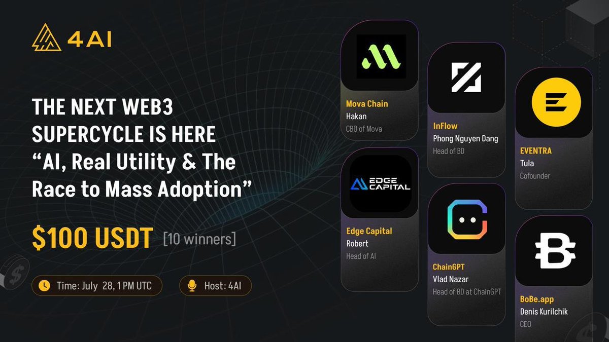 4aibsc's tweet photo. 🎙️ Join Our 4AI Round Table Panel AMA

🧠 Topic: The Next Web3 Supercycle Is Here: AI, Real Utility &amp; The Race to Mass Adoption

🎁 Rewards: $100 — 10 Winners
📅 Date: July 28th, 2026
⏰ Time: 1:00 PM UTC
📍 Venue: [https://t.co/QqdwRrL9UR] https://t.co/oLtYXK2WPl