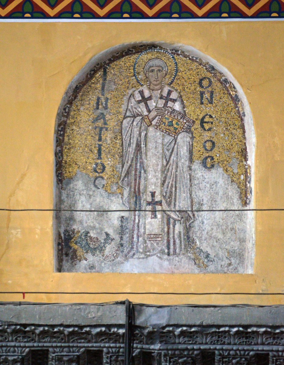 ByzantineLegacy's tweet photo. Mosaic of St. Ignatius in the northern tympanum (arch under the dome) of Hagia Sophia

Originally named Niketas, he was the son of the emperor Michael I Rangabe (811-813), and was castrated when his imperial father was overthrown. Ignatius was the abbot of the monasteries of the Princes' Islands and later became the patriarch of Constantinople. The mosaic was probably made within a decade of his death in 877.