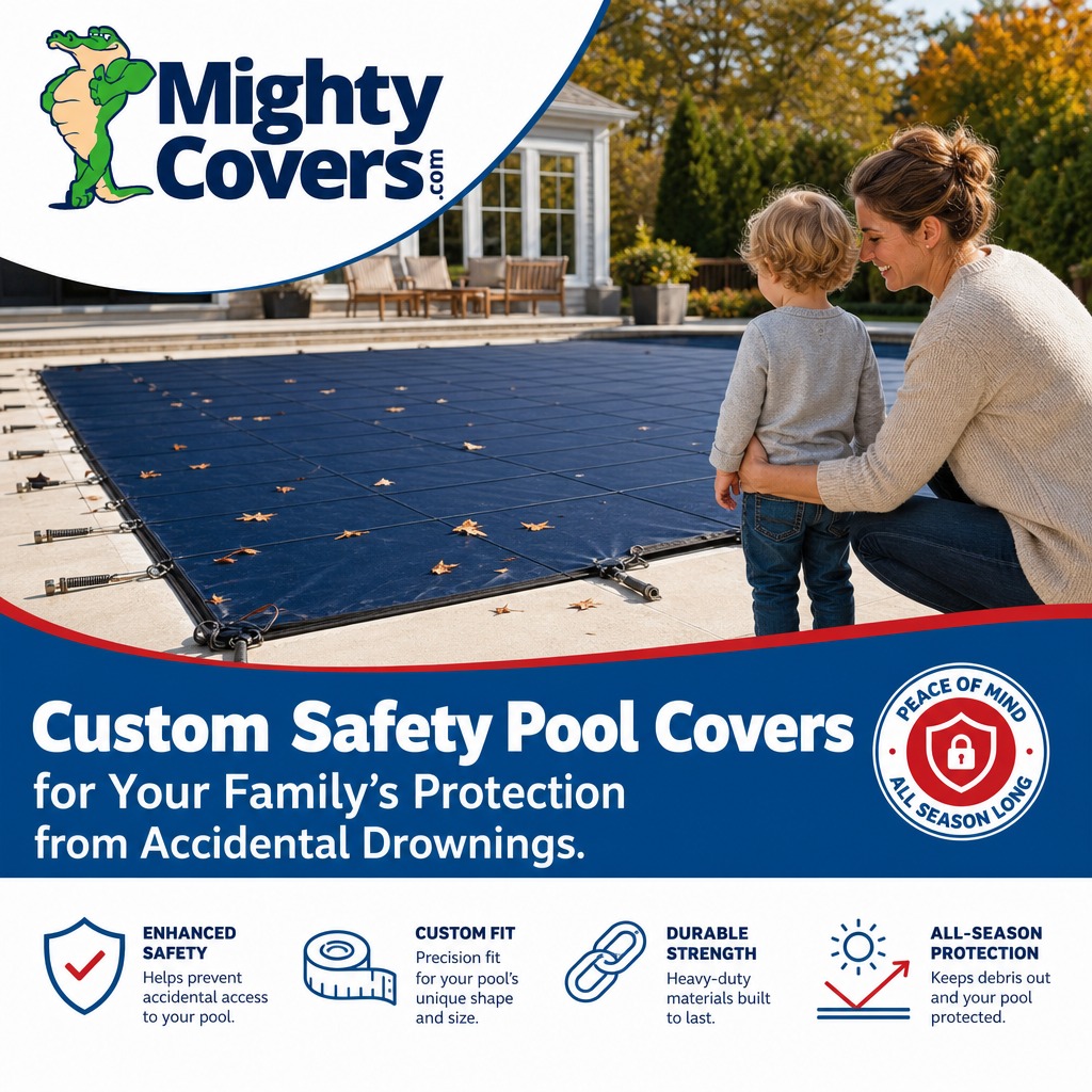 MightyCoverscom's tweet photo. A pool cover should do more than just catch autumn leaves. It needs to prevent accidental access. Our custom safety covers are precision-fit to your pool's exact shape, delivering heavy-duty strength and total peace of mind. #PoolSafety #Winterize https://t.co/rv1wQnSa8V