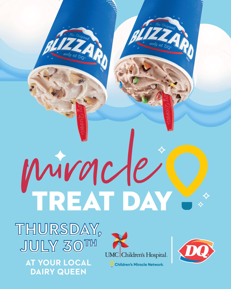 umcchildrens's tweet photo. Stop by Dairy Queen THIS Thursday and support your local Children's Miracle Network Hospital at UMC Children's Hospital! For every Blizzard sold on Miracle Treat Day, $1 or more will be donated to UMC Children's Hospital! https://t.co/i3KHMq4AvY