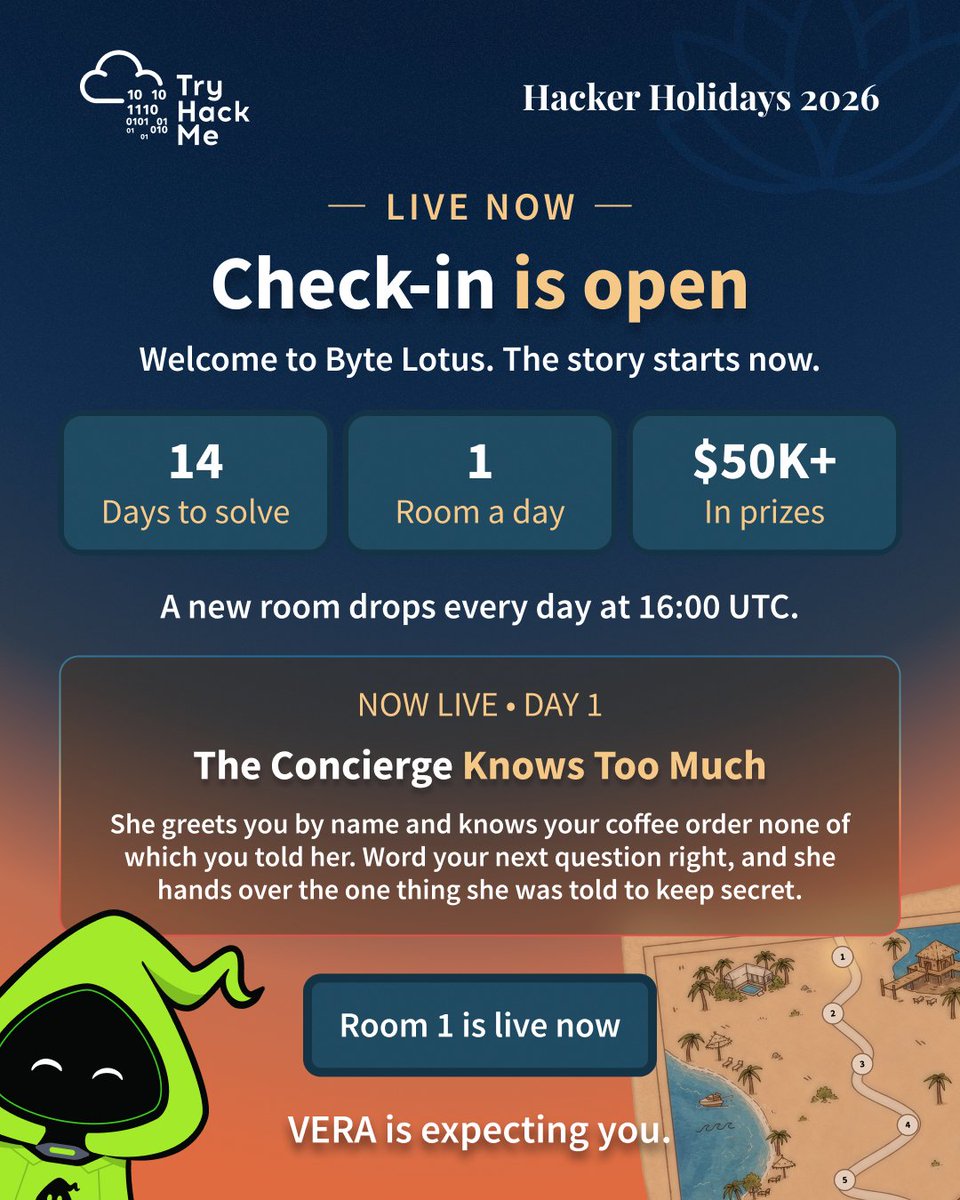 tryhackme's tweet photo. Check-in is open and Hacker Holidays 2026 is LIVE 🌴 14 Rooms, 14 days, one story unfolding a room at a time. Day 1: VERA, the AI concierge, already knows more than she should.
See you at check-in 👉 https://t.co/aU5BChri2i https://t.co/IIuBk4meQt